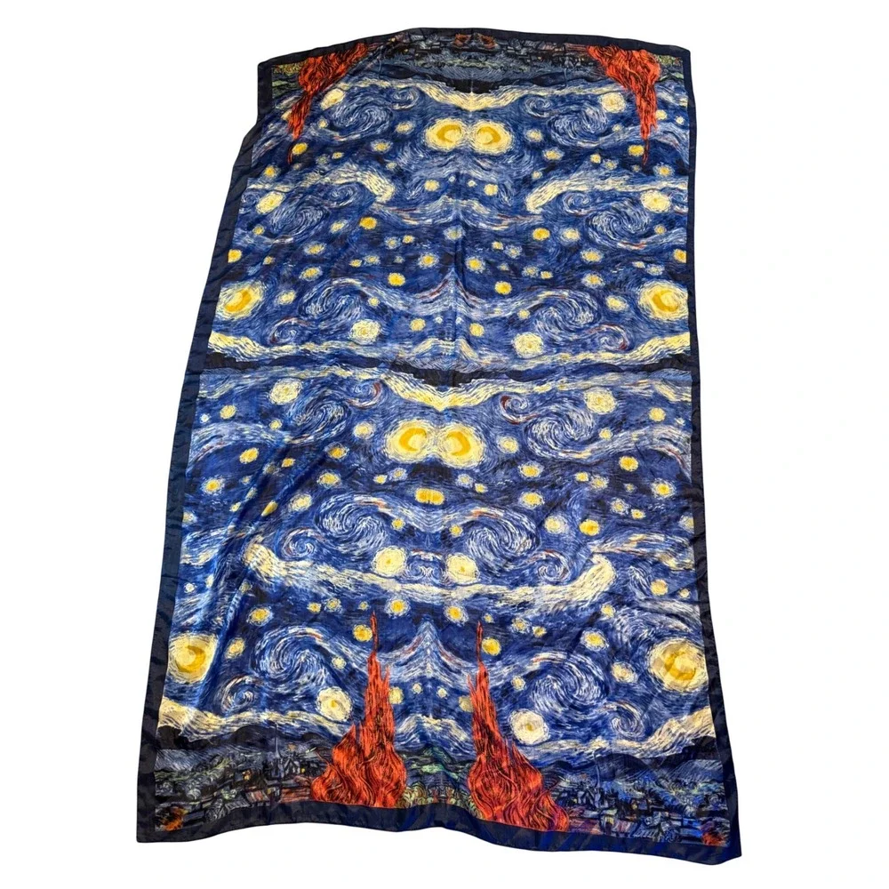 Van Gogh Starry Night Silk Scarf Blue Yellow Rectangular‎ Art Print Wrap